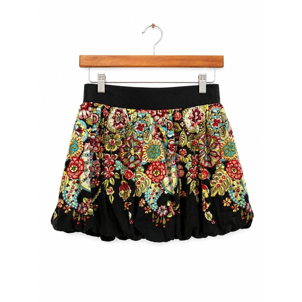 Disigual Floral Print Bubble Hem Mini Skirt Black Multicolor Boho M